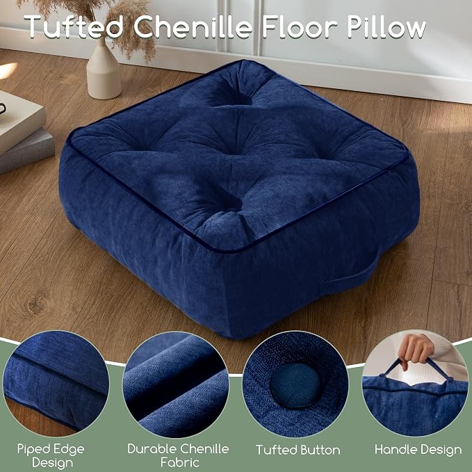 HIGOGOGO 8" Extra Thick Floor Pillow Cushion for Adults, Meditation Cushion Pillow with Handle, Lustrous Chenille Tufted, Square Floor Sitting for Tatami Living Room or Yoga, 22x22 Inch, Navy