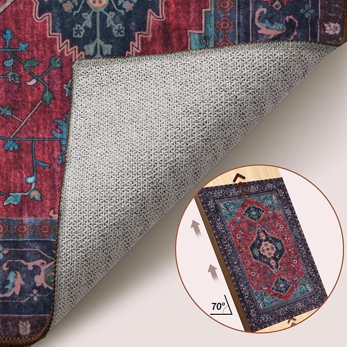 Tangsoo 2.6x10 Washable Hallway Runner Rug, Non Slip Vintage Runner Rug for Hallways, Soft Low Pile Long Rug Runner Print Distressed Carpet Runners for Kitchen Entryway Living Room Burgundy/Navy
