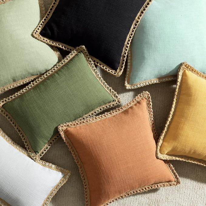 Phantoscope Pack of 2 Farmhouse Decorative Throw Cover Burlap Linen Trimmed Tailored Edges, Olive Green, 18 x 18 inches, 45 x 45 cm