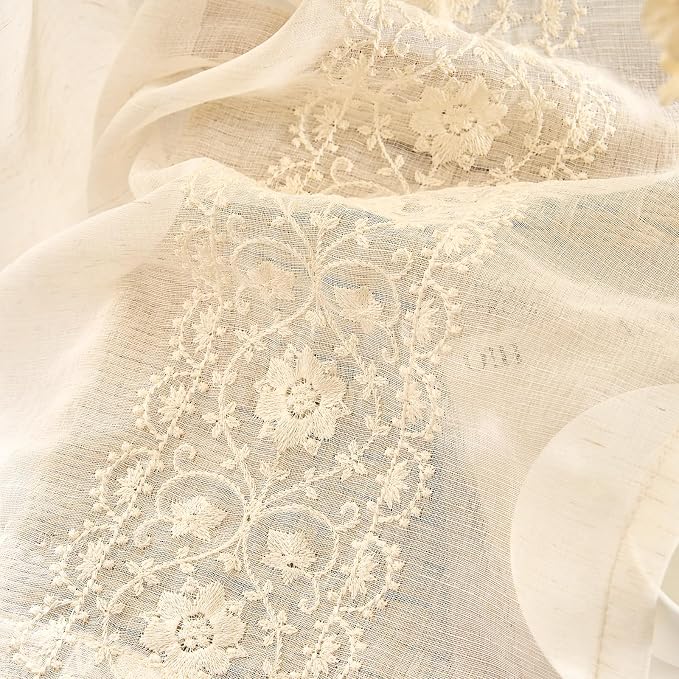 jinchan Weslie Beige Floral Sheer Curtains for Bedroom 63 Inch Long Embroidered Voile Farmhouse Linen Curtains for Living Room Ivory Flower Patterned Cottage Core Window Drapes 2 Panels Ivory on Beige