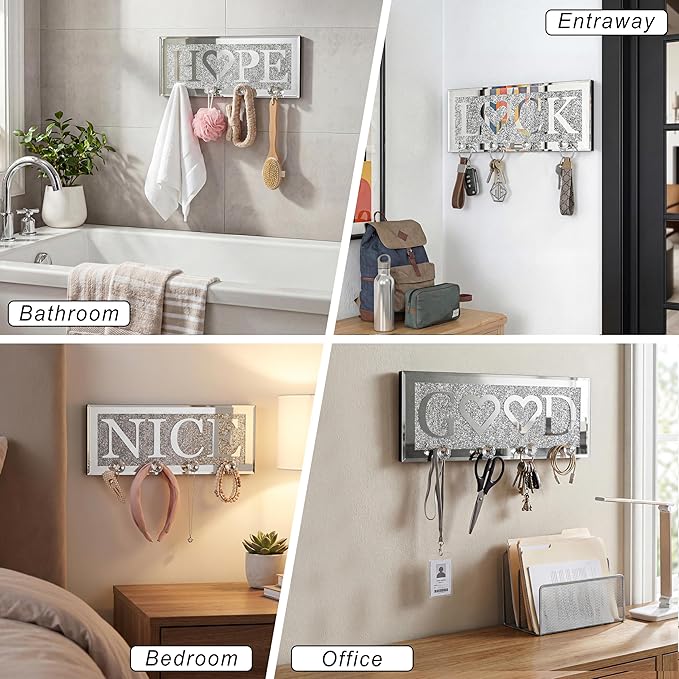 SHYFOY Crystal Clear Hooks Key Holder Key Hanger, Sparkly Mirrored Home Letters Plaque Sign for Decor, Silver Mirror Decoration Wall Art for Entryway Hallway Living Room, Nice Letter