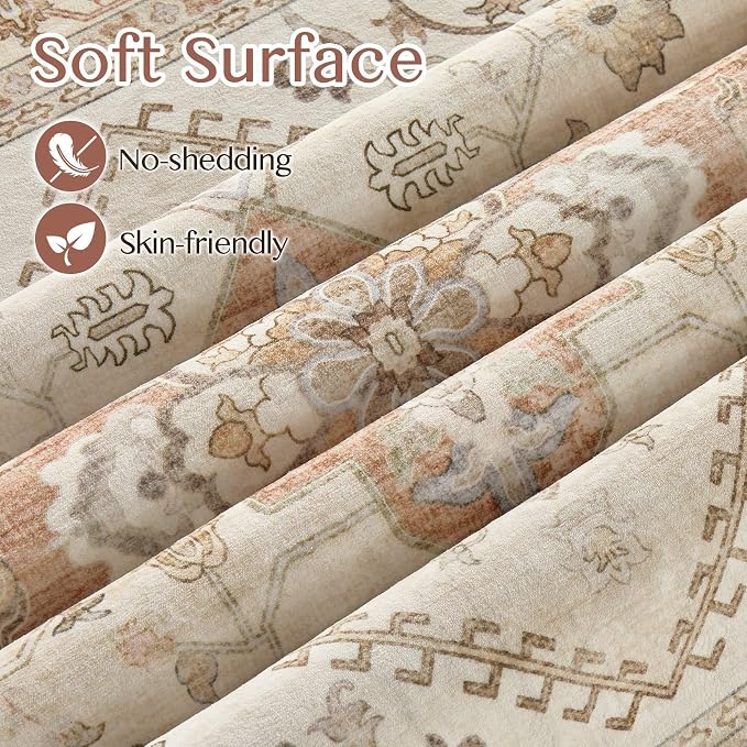Tortania Area Rug Living Room Rugs - 9x12 Washable Boho Rug Vintage Oriental Distressed Farmhouse Large Thin Indoor Carpet for Living Room Bedroom Under Dining Table Home Office - Rust/Cream