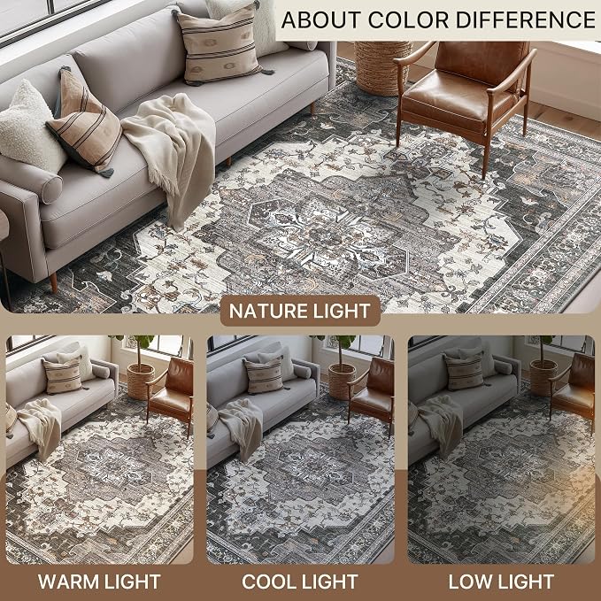 BEIMO Area Rugs 3x5 for Living Room Bedroom, Modern Vintage Boho Machine Washable Large Rug Soft Rug, Low Pile Floor Carpet with Non Slip Backing for Dining Room,Dark Grey