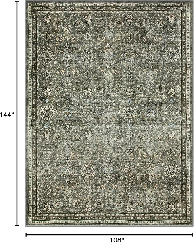 Lahome Olive Green Area Rugs 9x12 Living Room, Moody Floral Washable Rug | Boho Bedroom Carpet Soft Stain Resistant Non Shedding Thin Carpet for Dining Room