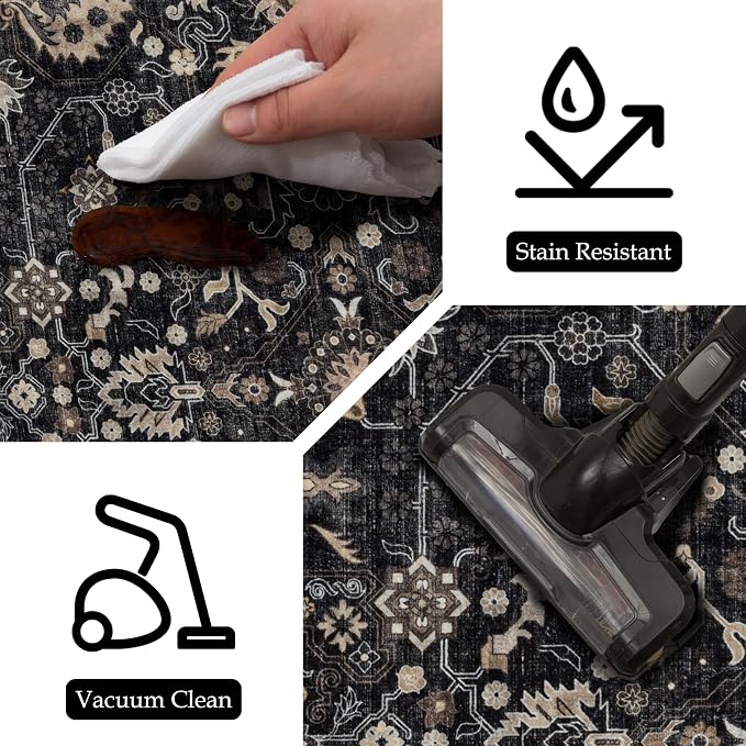 Ruaruarug Washable Area Rug 9x12 for Living Room, Bedroom, Ultra Soft Non Slip Stain & Fade Resistant, Pet & Kids Friendly, Suitable for High Traffic Areas Easy to Clean for Office Kitchen, Black Grey