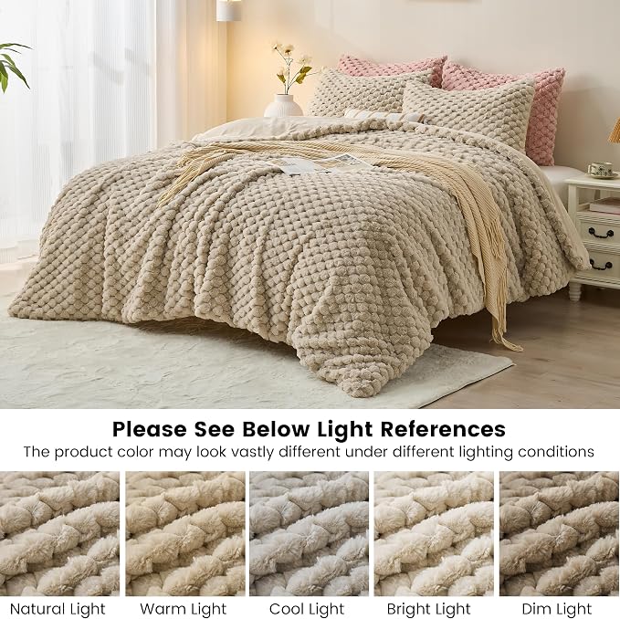 Simple&Opulence Fluffy Faux Fur Comforter Set, Plush Fuzzy Minky Bedding Set, 3 Pieces Warm Soft Comforter Bedding Set for Winter - 1 Shaggy Comforter with 2 Pillow Shams(Queen, Grid - Khaki)