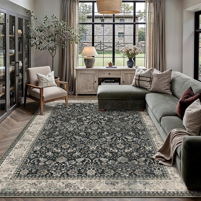 HUGEAR 6x9 Machine Washable Rugs Black Beige Hallway Large Area Rug Indoor Accent Rug Floral Low Pile Carpet Soft Throw Aesthetic Rug Bedroom Living Room Office Dining Room Laundry Room