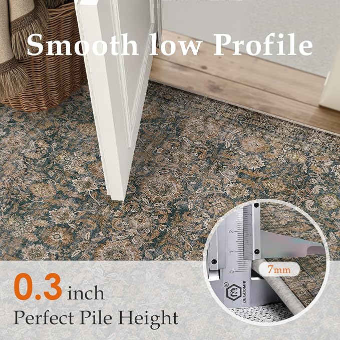 5x7 Washable Traditional Area Rug for Living Room Brown Floral Non Slip Low Pile Throw Rug Neutral Vintage Stain Resistant Carpet Bedroom Kitchen Playroom Office Dining Room