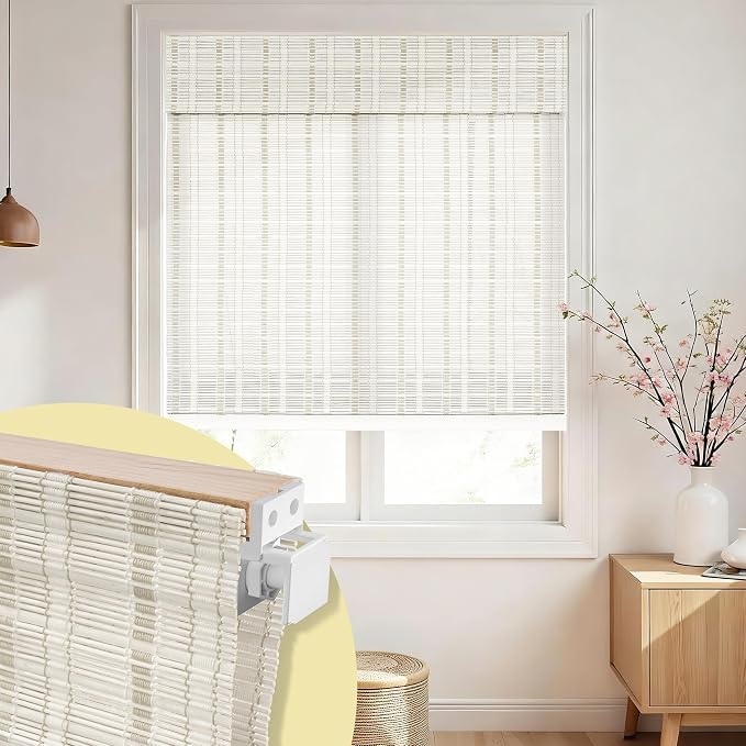 No Drill No Tools Bamboo Roman Shades, Cordless Light Filtering Window Blinds with Valance, Natural Woven Wood Shades for Living Room Dining Room, White（Sheer-View）, 23" W x 64" H