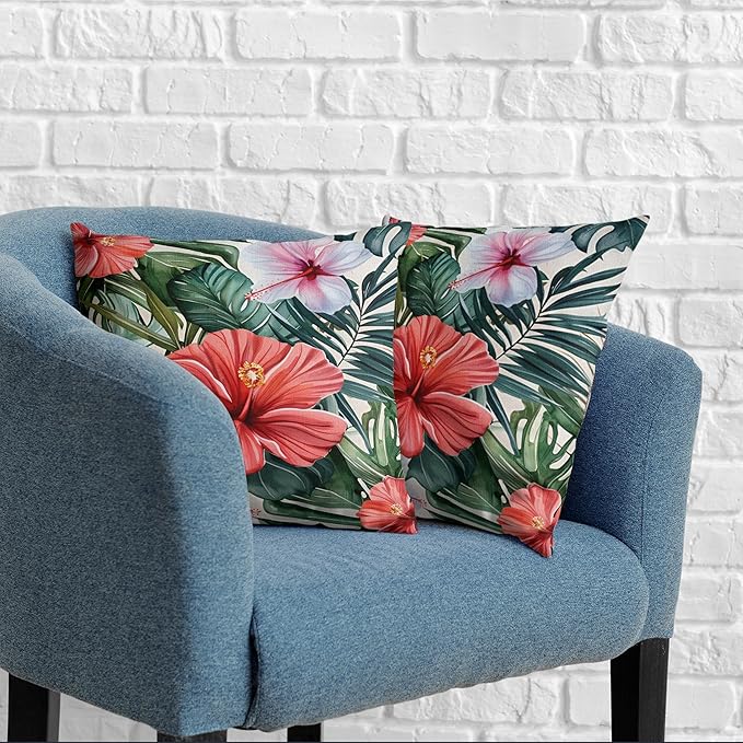 Hibiscus Flowers Pillow Covers Hawaiian Tropical Throw Pillow Covers 22x22 Set of 2 Monstera Palm Leaves Pillowcase Double Sided Printing Cushion Case for Patio Outdoor Sofa
