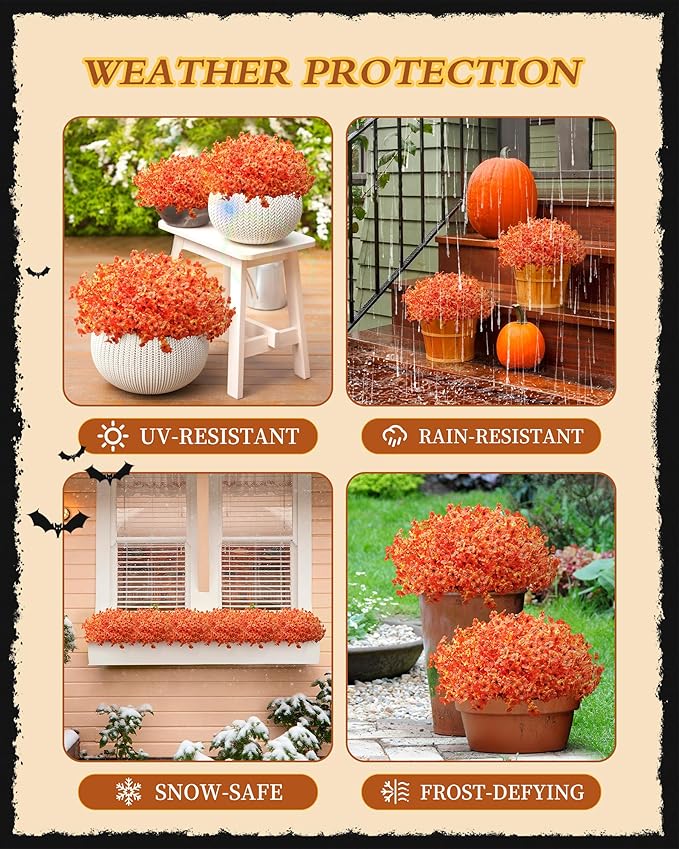 Artificial Fake Mums Flowers for Fall Outdoors Decor, 16 Bundles of Lifelike UV Resistant Orange Silk Daisies – Ideal for Porch, Garden, Yard, Planter, Halloween & Thanksgiving Autumn Decoration