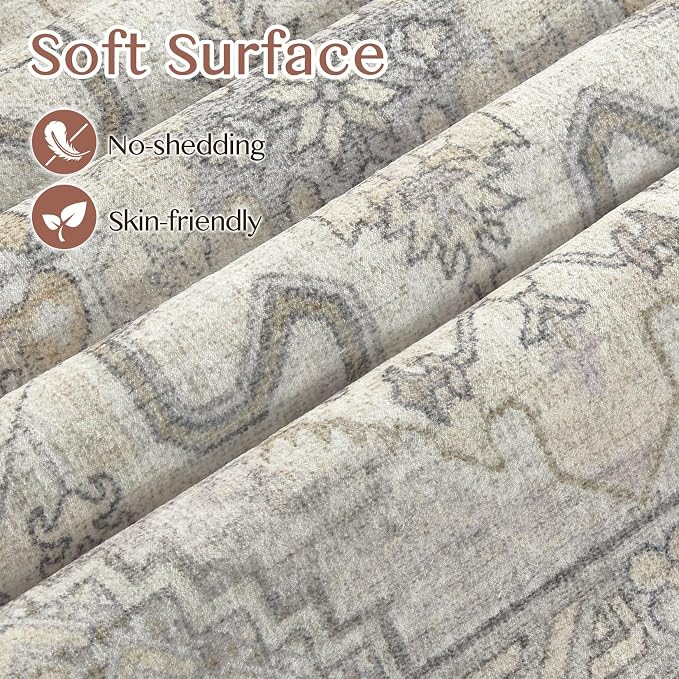 Tortania Area Rug Living Room Rugs - 3x5 Washable Rug Vintage Oriental Distressed Farmhouse Small Thin Indoor Carpet for Living Room Bedroom Under Dining Table Home Office - Beige Linen