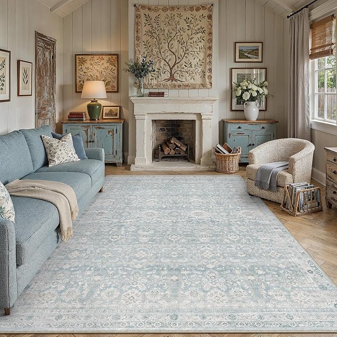 8x10 Blue Washable Neutral Area Rug for Living Room Distressed Floral Non Slip Low Pile Large Rug Indoor Vintage Stain Resistant Distressed Carpet Bedroom Dining Room Classroom Office Playroom