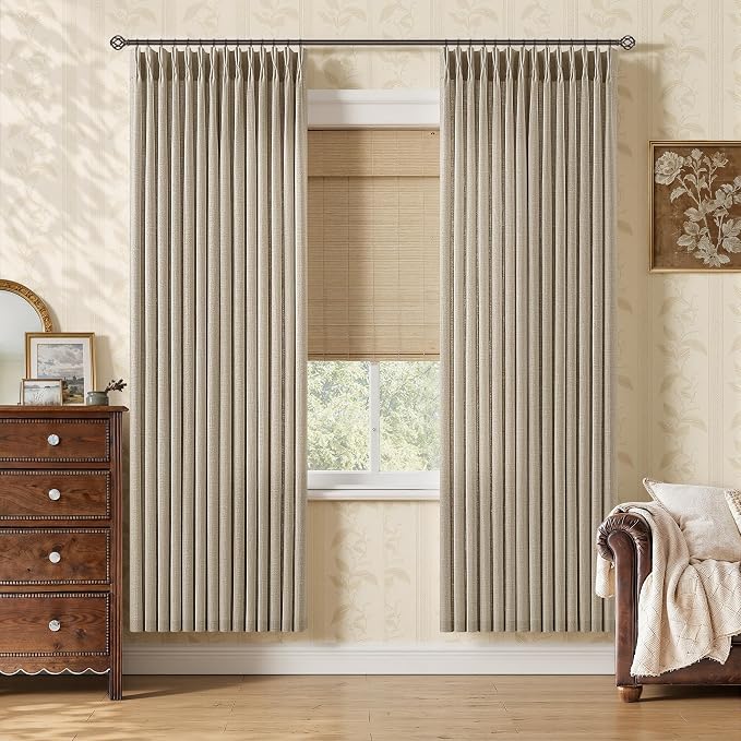 72 Inch Pinch Pleated Linen Curtains for Dining Room Bedroom Rustic Light Filtering Privacy Short Pleat Curtains with Hooks Rings Taupe Burlywood Birch Back Tab Drapes for Cabin Closet 72 Inches Long