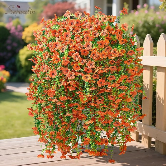 Serwalin 4PCS Artificial Fall Flowers for Outdoors Decoration, Realistic Silk Artificial Fall Hanging Flowers for Patio, Garden, Porch, Window, Outside (Orange,4PCS)