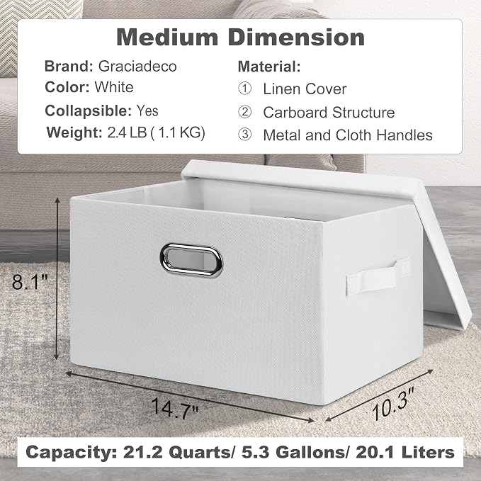 Graciadeco Medium 15" 21 Quart Collapsible Stackable Storage Bins with Lids, 1 Pack White Foldable Fabric Closet Storage Boxes with Lids, 4 Handles Heavy-duty Linen Cube Baskets for Bedroom
