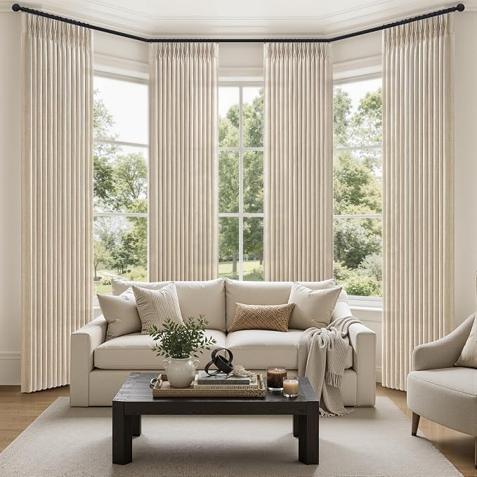 Pleated Natural Linen Blend Semi Sheer 84 Inch Curtains 4 Panels Set for Bedroom, Memory Trained Pinch Pleat Light Filtering Non See Through Living Room Farmhouse Window Drapes 7FT Length 40Wx84L