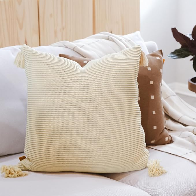 Lumi Lving Cozy Soft Cotton Throw Pillow Cover with Ribbed Knit Texture and Tassel Corners adds Light and Calm to Your Space (18x18, Oat Milk)