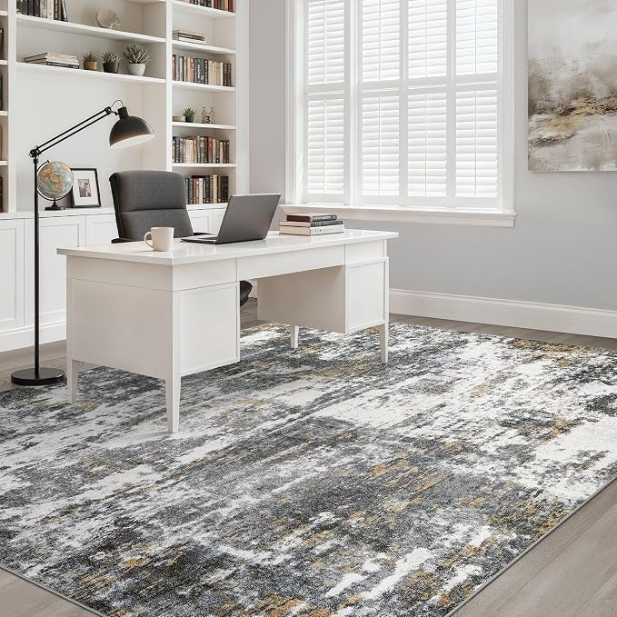 6x9 Area Rugs Living Room: Washable Large Neutral Rug Abstract Soft Modern Stain Resistant Indoor Floor Non-Slip Carpet for Bedroom Nursery Kids Office Playroom Dining Room- Black White Gold