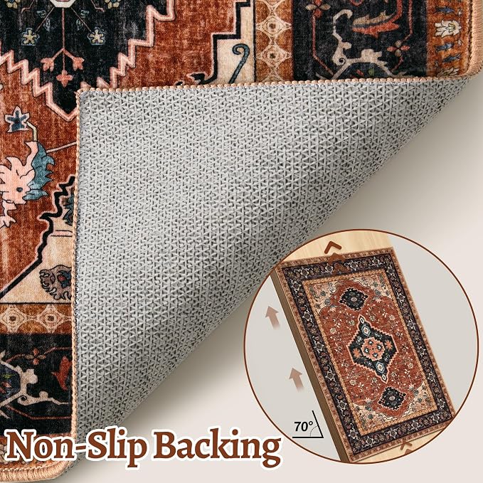 Tangsoo Oriental 2X3 Washable Rugs, Orange Vintage Non Slip Small Area Rug Carpet, Indoor Front Door Rug for Entryway, Door Mat Indoor Entrance Soft Low Pile Throw Rugs for Entry Kitchen Bedroom