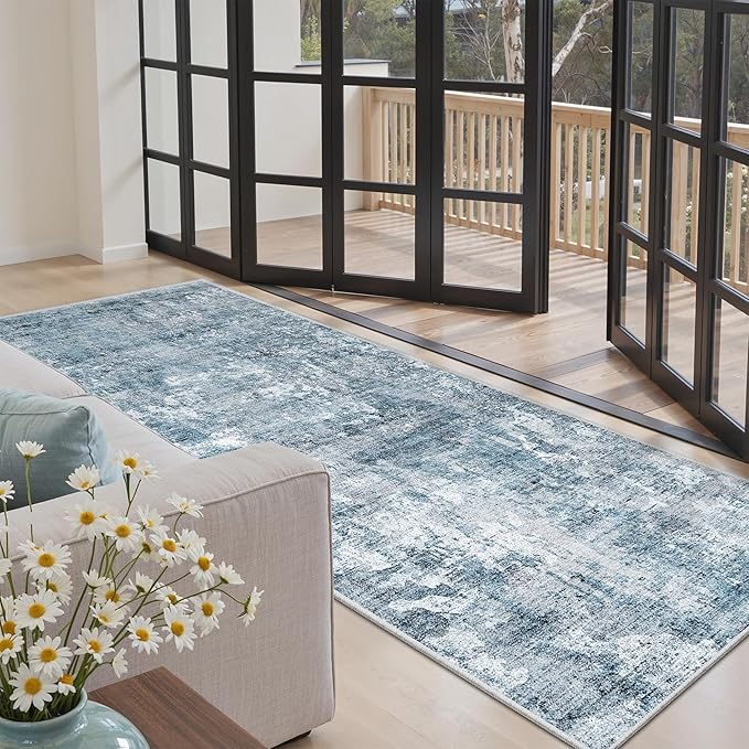 Soalmost Runner Rug 3x6 Washable Non-Slip Kitchen Runner Rugs for Bathroom Laundry Room Blue/Grey Vintage Floor Carpet Runners for Hallway Entryway