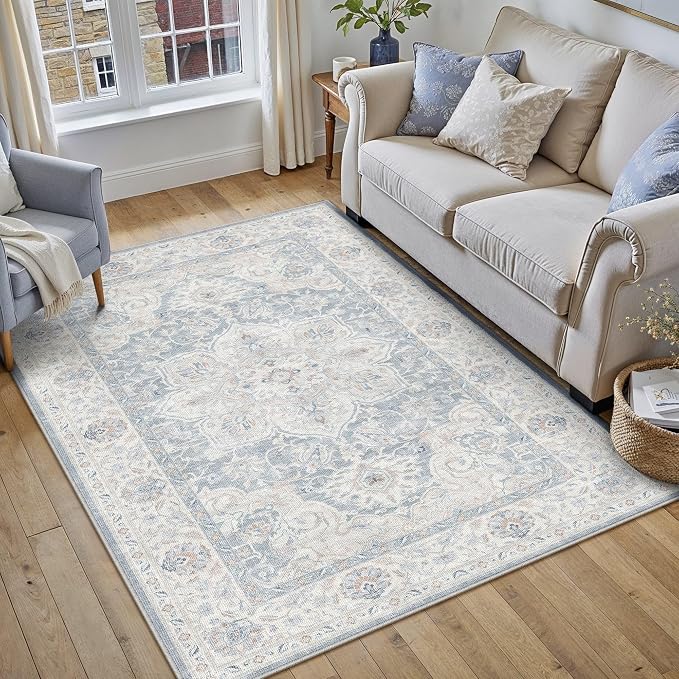 HUGEAR 3x5 Washable Area Rugs for Living Room Bedroom Blue Vintage Large Soft Carpet Rug Non-Shedding & Non-Slip Low Pile Indoor Home Decor Dining Room Kitchen Office Floor Mat