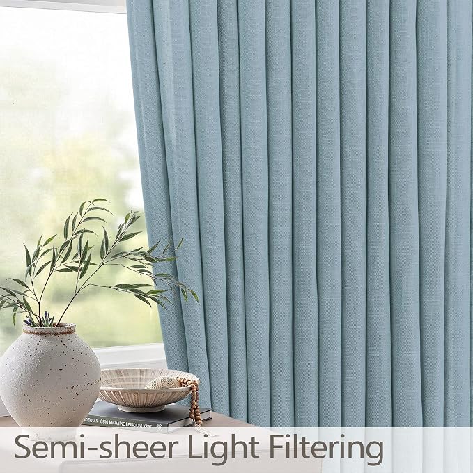 Blue Gray Curtains 63 Inch Length for Boys Bedroom 2 Panels Pinch Pleated Back Tab Semi Sheer Linen Light Filtering Dusty Blue Curtain for Kids Room Teen Toddler Baby Nursery Stone Blue Grey Greyish