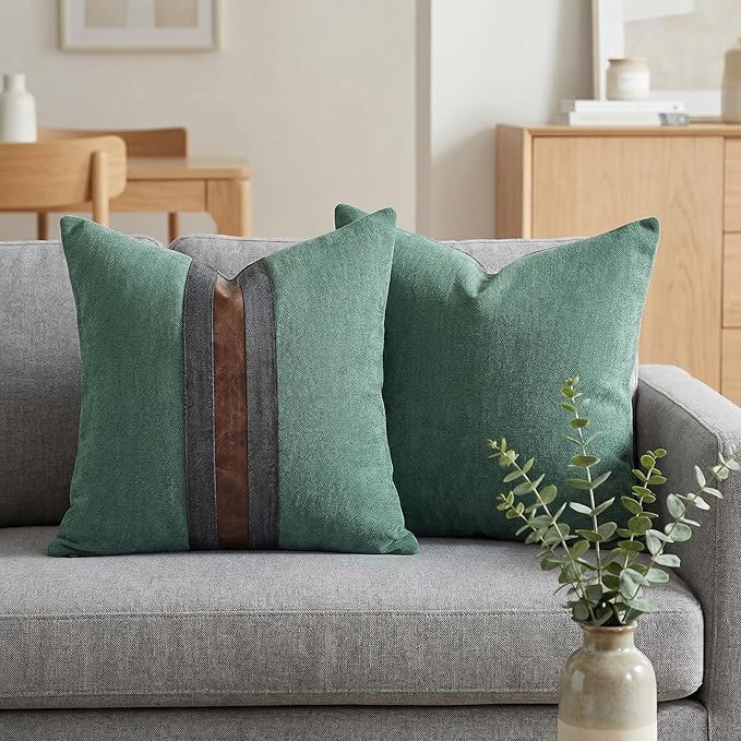 BOYSUM Set of 2 Leather Throw Pillow Covers Cotton Linen Decor Patchwork Pillow Cover Faux Leather Pillows Cover for Couch Sofa Living Room Bedroom,Grass Green 18"x18"