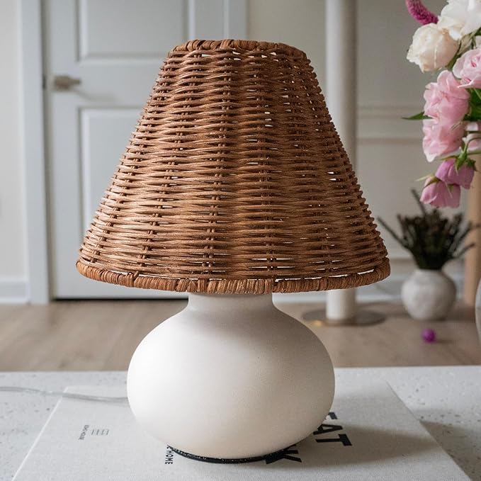 11" Small Table Lamp – Handmade Ceramic Cream Base with Wicker Rattan Shade, Dimmable Plug-in Nightstand Light for Bedroom, Kitchen Counter, or Small Spaces – Boho Japandi Organic Decor