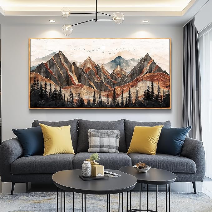 XIGUANGART Framed Boho Landscape Large Wall Art, Abstract Sun Mountain Canvas Wall Decor Painting, Modern Forest Botanical Aesthetic Poster Print Picture for Living Room Bedroom Home Office 30x60 Inch