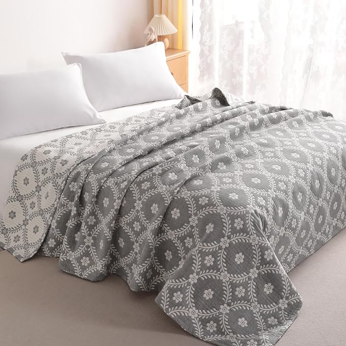 NTBAY 3 Layers Cotton Muslin 68x92 Twin Bed Blanket, Super Soft Breathable Thermal Yarn Dyed Quilt for Adults, Perfect Lightweight Blanket for Couch Sofa Bed All Seasons, Grey Garlands