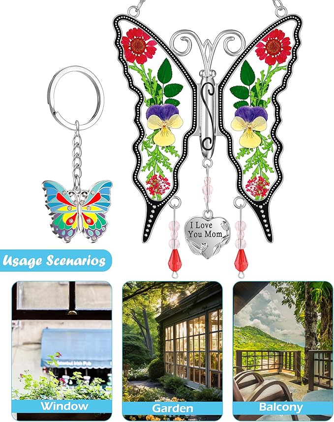 KY&BOSAM Gifts for Mom Suncatcher Butterfly Stained Glass Sun Catchers Window Hanging Wind Chime Ornament with Pressed Flowers I Love You Mom Heart Charm for Women Mother's Day Birthday Christms Decor