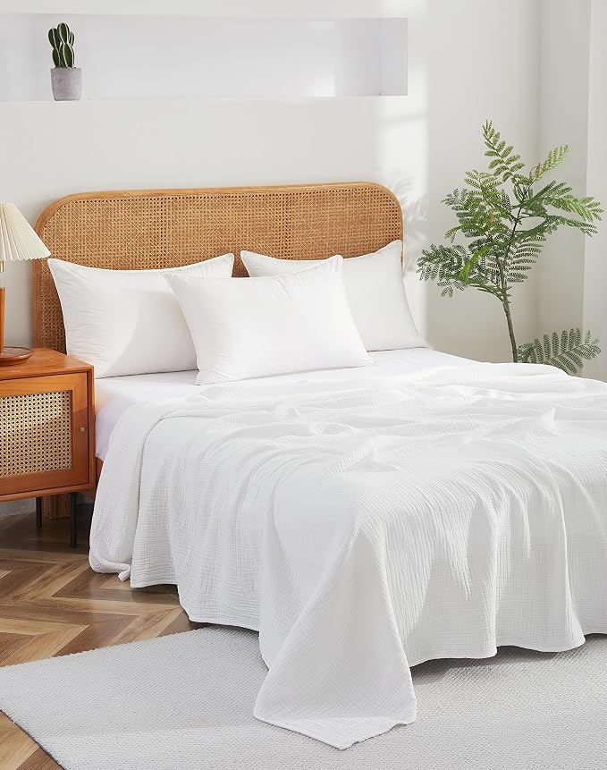 100% Cotton Muslin King Blanket (108" x 90") – A Luxuriously Soft, 4-Layer Lightweight and Breathable Gauze Blanket, Perfect for Year-Round use on beds, couches (White, King)