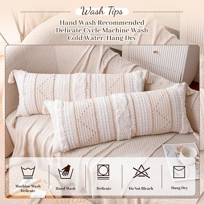 14x36 Lumbar Pillow Cover, Boho Tufted Decorative Throw Pillowcase with Tassels for Bed Couch & Sofa, Modern Farmhouse Accent Cushion, Dark Beige (Cover Only)