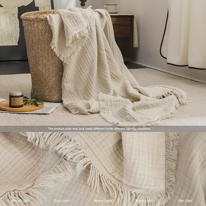 FOSSA Muslin Blanket 4-Layer 100% Cotton Gauze Blanket with Fringe 108"x98" | Super Soft Breathable Lightweight All Season & Decorative Blanket or Bed, Sofa, Office (Beige,Super King)