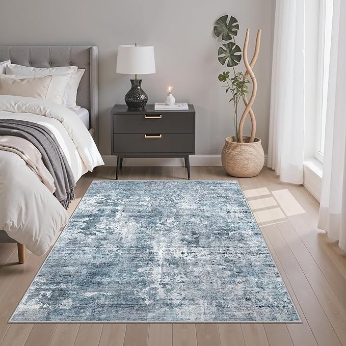 Soalmost 3x5 Rug, Small Area for Kitchen, Entryway, Machine Washable Non-Slip Throw Rug, Vintage Carpet for Nursery Coffee Table Blue