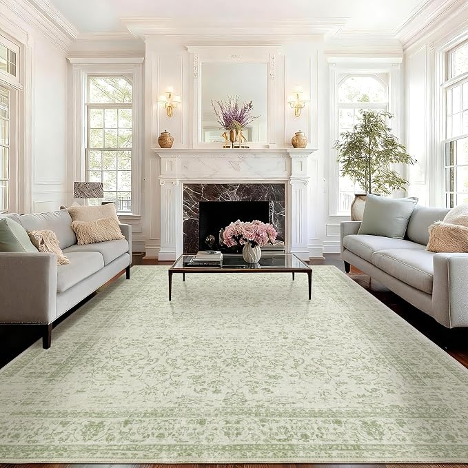 BILEEHOME Sage Green Rug for Bedroom,Boho Floral Print Washable Cottage Core 8x10 Area Rugs for Living Room,Light Green