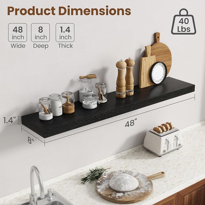 48 Inch Floating Shelves for Wall, 8 Inch Deep Floating Shelf for Storage & Display, Rustic Wall Mounted Shelf with Invisible Brackets for Living Room, Kitchen, Bathroom, Home Decor, Set of 2, Black