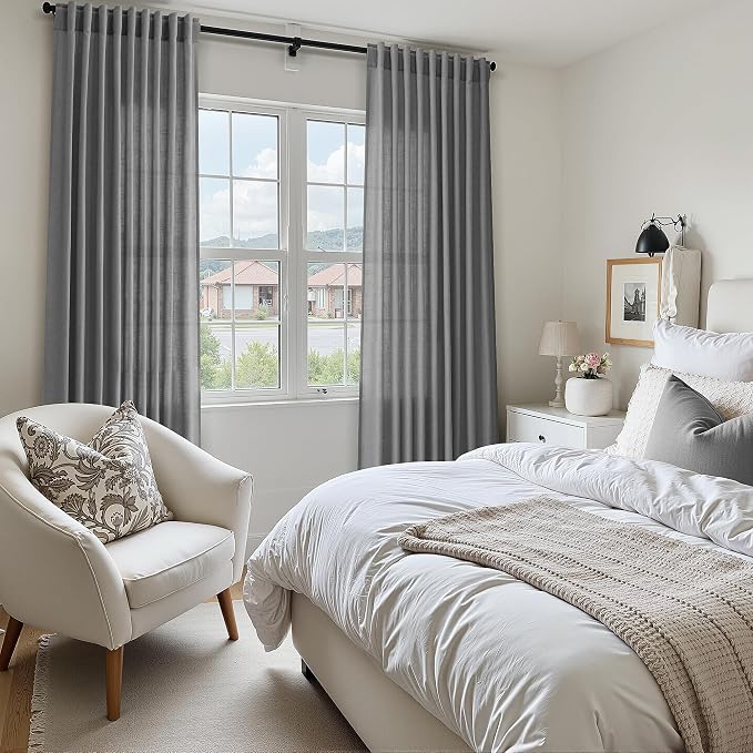 Nanspring Blazer Grey Linen Curtains 84 Inch Length for Living Room Dining 2 Panels Back Tab Pocket Light Filtering Semi Sheer Textured Curtains for Bedroom Modern Farmhouse 52x84 Long Gray