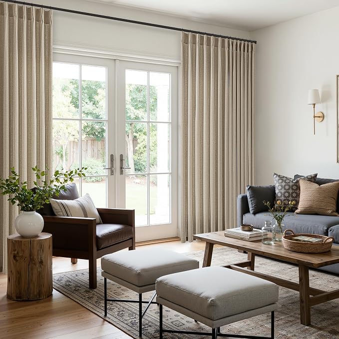 70 Inch Wide Pleated Burlywood Birch Curtains 96 Inches Long 1 Panel Taupe Thick Linen Semi Sheer Back Tab Pinch Pleat Curtains for Sliding Door Balcony Memory Shaped Light Filtering Door Drapes 70x96