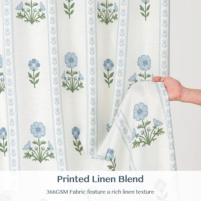 THREE GIRLS Pinch Pleated Light Filtering Linen Blend Floral Block Print Curtains for Living Room, Bedroom, Modern Farmhouse, Memory Trained, Hooks, 2 Panels Set, 40"x108", Blue