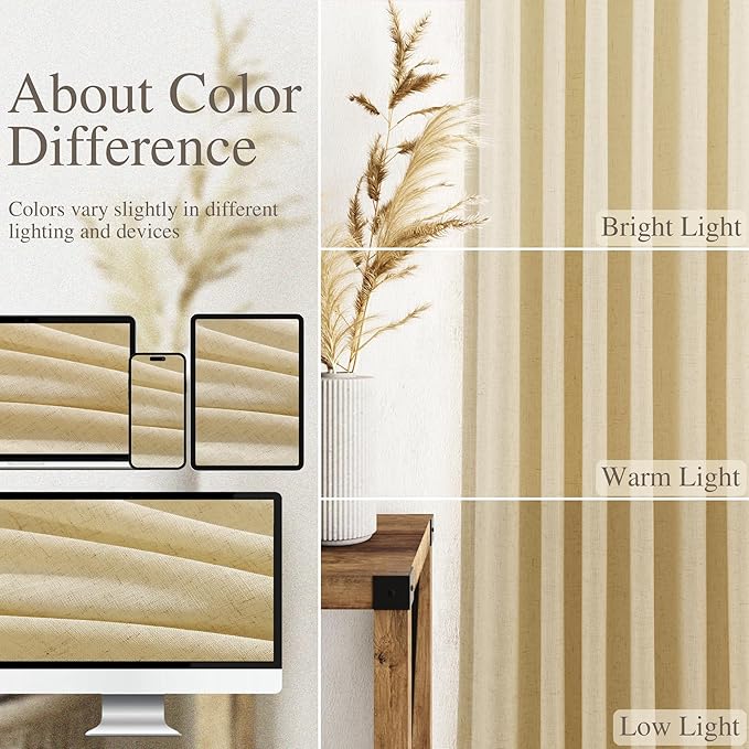 Nanspring Extra Long 120 Inch Curtains for Living Room Cream Yellow Linen Modern Farmhouse Privacy Sheer Curtains Back Tab and Rod Pocket Floor to Ceiling Curtain for Bedroom Office 52x120, 2 Panels