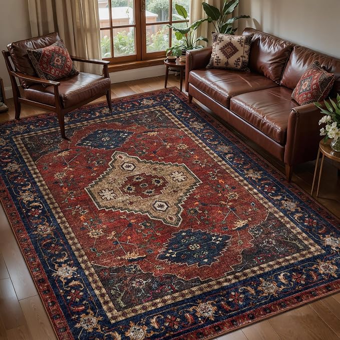 Tangsoo Red Vintage 4x6 Washable Area Rug, Oriental Indoor for Living Room, Non Slip Machine Washable Large Tumble Rugs, Soft Print Carpet for Bedroom Dining Room Dorm Office Red Blue Home Decor