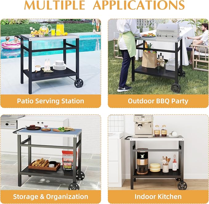DDK Outdoor BBQ Prep Cart | 2-Tier Grill Table with Stainless Steel Top | Rolling Utility Cart for Patio, Pizza Oven, Grilling & Meal Prep
