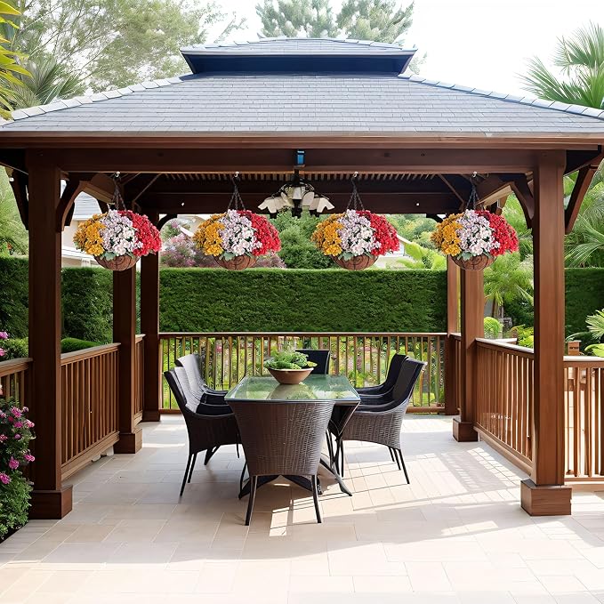 Artificial Fake Hanging Plants Flowers Basket for Spring Outdoor Decoration, Faux Silk Daisy UV Resistant Look Real with Eucalyptus Leaves Summer Decor for Home Patio Garden Outside(Red White Yellow)