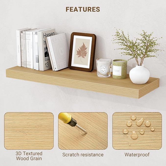 Acovy 24 Inch Floating Shelves, 3D Textured Wood Grain, 24"x9.25"x1.5" Inch Deep Floating Shelves for Wall, Wooden Shelves for Bathroom, Bedroom, Living Room, Natural, 2 Pieces