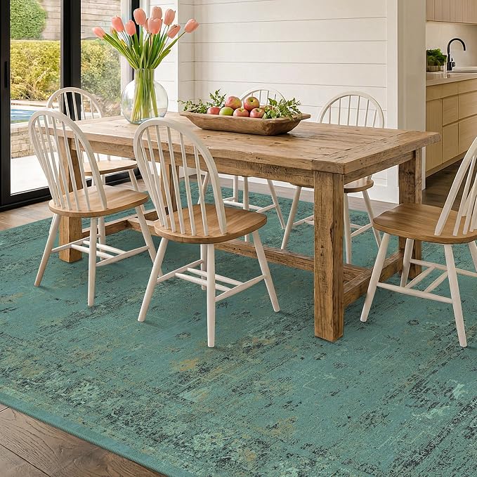 Turquoise Green 9x12 Washable Area Rug for Living Room, Non Slip Low Pile Vintage Boho Carpet, Distressed Teal Geometric Large Floor Rug for Dining Room, Bedroom, Farmhouse Home Décor