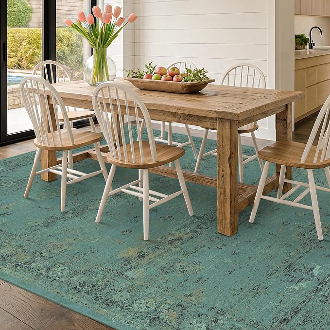 Turquoise Green 8x10 Washable Area Rug for Living Room, Non Slip Low Pile Vintage Boho Carpet, Distressed Teal Geometric Rug for Dining Room, Bedroom, Neutral Friendly Farmhouse Décor