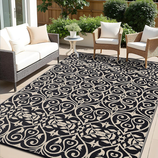 OLANLY Outdoor Rug Waterproof 6x9 ft Clearance, Reversible Outdoor Plastic Straw Rug with Floral Pattern, RV Mat for Patio, Camping, Balcony, Deck, Backyard, Black & Beige