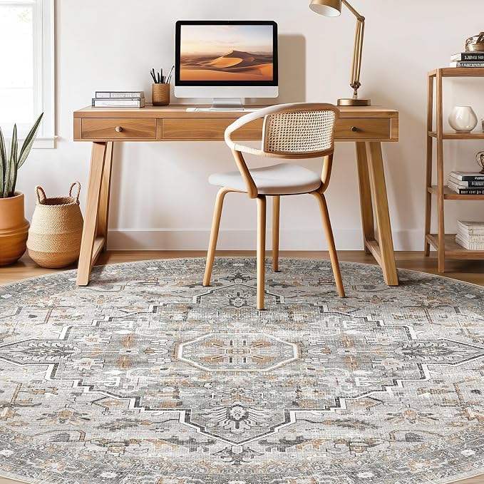 Round Rug Living Room Rugs: 8x8 Washable Boho Neutral Large Circle Soft Indoor Floral Stain Resistant Floor Farmhouse Carpet for Bedroom Nursery Kids Playroom Office Dining Room- Taupe